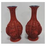 Carved cinnabar pair of vases, 12 1/2'