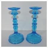 Blue Tiffin glass pair of candle sticks, 9'