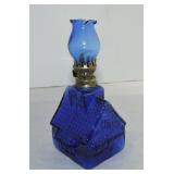 Cobalt glass cottage miniature oil lamp