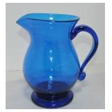 Blue glass 8' pitcher with applied handle
