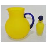 Yellow satin glass pitcher and perfume bottle