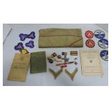 WWII military patches, insignia, booklets, and hat