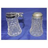 American Fostoria syrup pitcher and sugar shaker