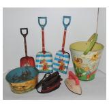 Tin lithograph sand toys and 2 child