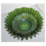 Carnival glass green chrysanthemum 8 1/2" bowl