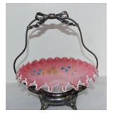 Cranberry cased glass floral enamel brides