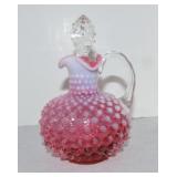Fenton cranberry opalescent hobnail cruet, 6"