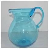 Large blue hand blown glass pitcher, 10"