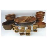 Teak wooden salad bowl with fork and spoon,