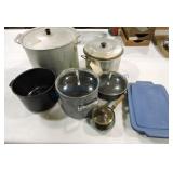 Lot of assorted cookware, stock pots, and more