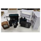 Two pair binoculars, spice rack, radio, clock