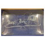 Etched bowed glass of horse & carriage, 24"x14"