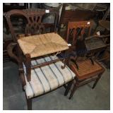 Armchair, cane seat chair, footstool with rush