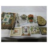 Box of assorted dishes, glassware, and textiles