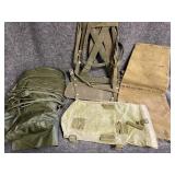 Military items, including old rucksack frame,