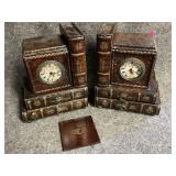 Wooden Fake  Books With Clock Bookends