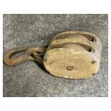 Vintage Primitive Wood/Cast Iron Double Pulley