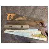 Lot of Stanley 42-018 Level & 3 Hand Saws