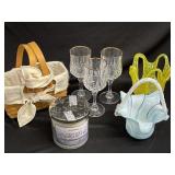 Longaberger basket, glass baskets (yellow was