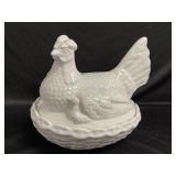 White ceramic chicken.  8 inches x 6 inches x 7
