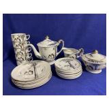 Porcelain gold accent tea set, bamboo and owls