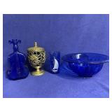 Cobalt Hazel Atlas ribbed glass bowl, and other