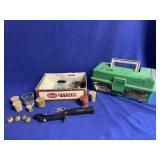 Plastic case/box and misc. items - corks, pins,