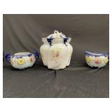 Porcelain unmarked lidded jar, cream and sugar