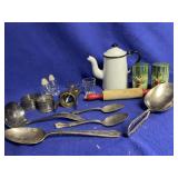 White Granite ware coffee pot, and other utensils