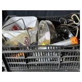 Large crate of garage items including lights