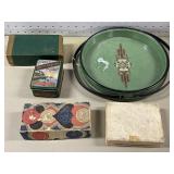 Metal handled tray, poker chips (one set cardboard