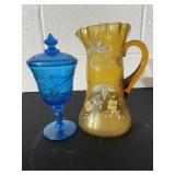 Antique amber Hand painted victorian pitcher,