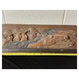Horse race art carved in wood with leather strip