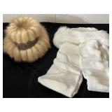 White faux fur trimmed hat with scarf, and tan