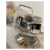 Small tote of miscellaneous hardware and handsaw