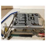 Tools including Ironworks tool kit, level, hammer