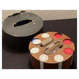 poker set in wooden carousel has the white, red