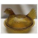 Vintage Amber Glass Rooster Chicken Hen Nest Bowl
