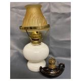 Small Milkglass Oil Lamp w/Amber Glass Shade and