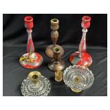 Painted Wood and Pressed Glass Candle Holders