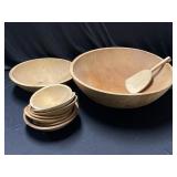 9 Carved Wood Bowls and Paddle Ranging 6"-18"