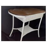 White wicker table with solid wood top made by