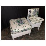 White wicker chair and white wicker ottoman