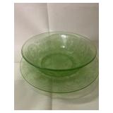 Green depression Vaseline glass serving bowl and