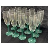 Green stemmed champagne glasses, set of 12