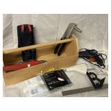Wooden tool box with pipe w, rivet gun and lots