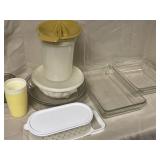 Pyrex baking pans and misc storage containers.