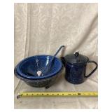 Four Pieces Blue Enamelware