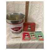Coca-Cola tin/cards and Bucket