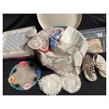 Vintage Lace Doilies, leather baby shoes and
